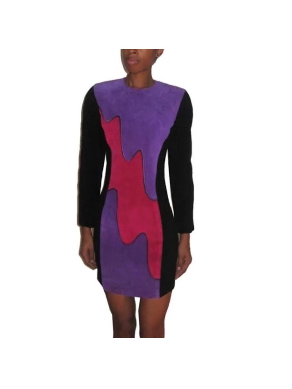 Outerwear by Phoenix Black Colorblock Suede Rib Bodycon Vintage Mini Dress Sz M